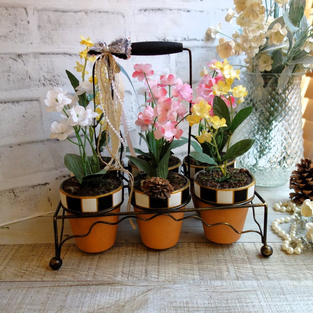 Black White Checked Flower Pots Buffalo Check Spring Decor Checked Patio Decor